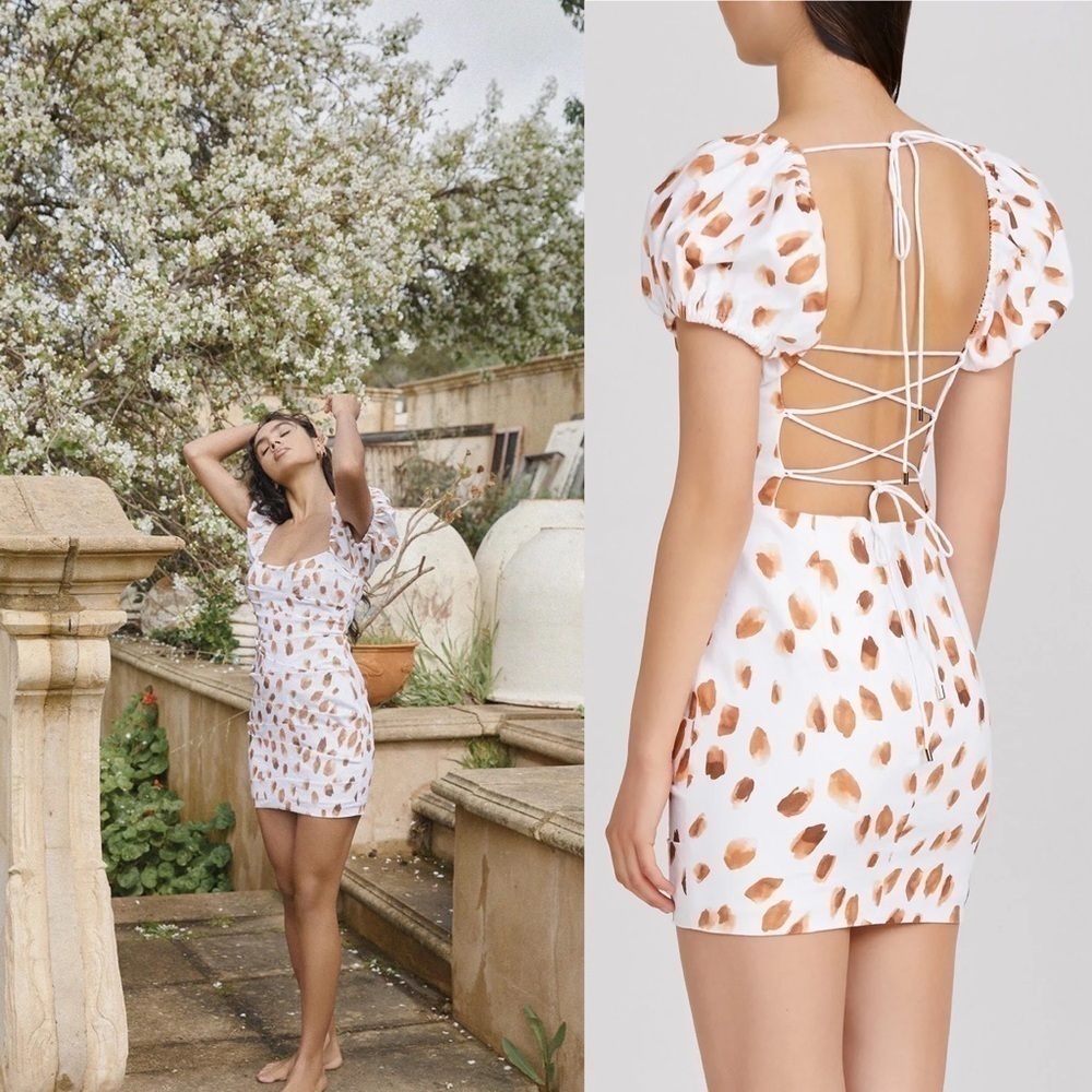 Significant Other Dress Lola Dot Ruched Open Tie Back Mini Caramel Petal 4 NWT